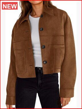 Cropped Faux Suede Leather Jacket Lapel Collar Button Down Short Coat Fall